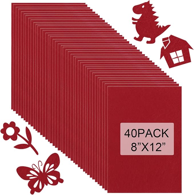 40 Pcs Stiff Felt Fabric Sheet for Crafts, 1mm Thick and 8”x12”Red Felt Fabric