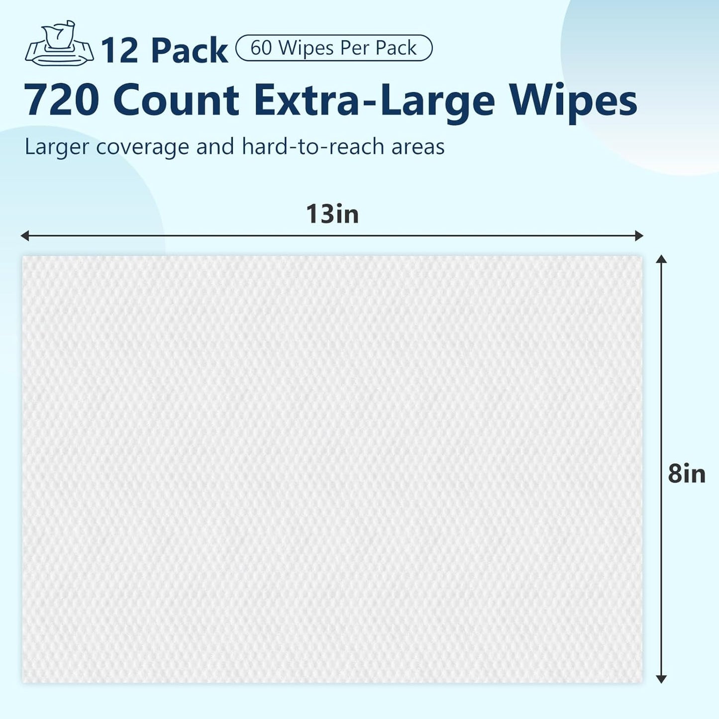 Adult Wipes For Elderly - 8"x13" Extra Large & Soft Wet Wipes for Adults Bathing No-Rinse Incontinence & Cleansing - Disposable Washcloths, Vitamin E & Aloe Infused 720ct (12 Packs of 60)