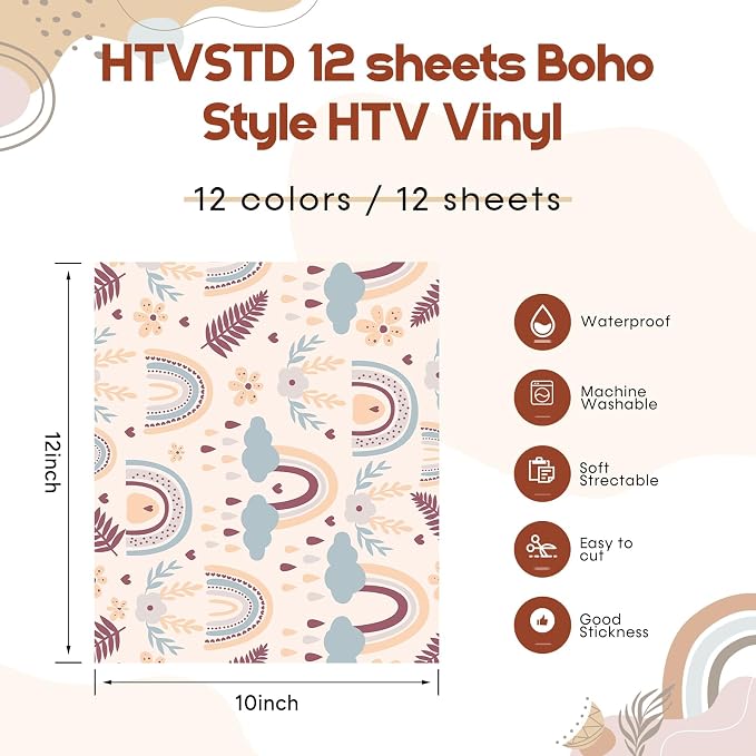 HTVSTD Boho Flower HTV Heat Transfer Vinyl 12pcs 12×10in Iron on Vinyl | Flower