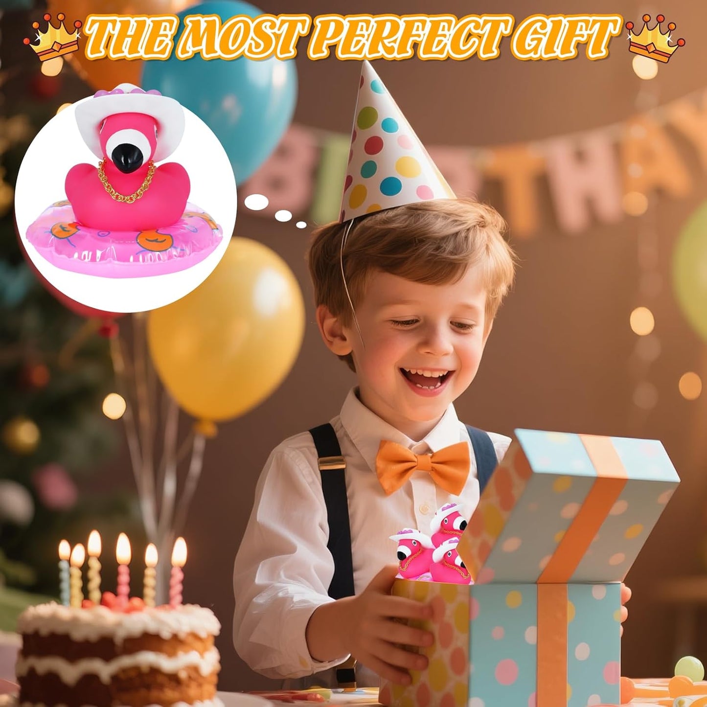 Pink Flamingo Rubber Duck Jeeps Duck, with Mini Cowboy Hat, Swim Ring, Gold Chain & Heart Sunglasses, for Car Dashboard Decor, Home Office Party Decoration, Baby Bath Toys, Birthday Gifts
