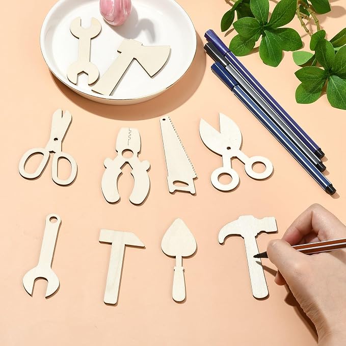KitBeads 50pcs Random Wood Hammer Cutout Unfinished Scissor Wrench Wooden