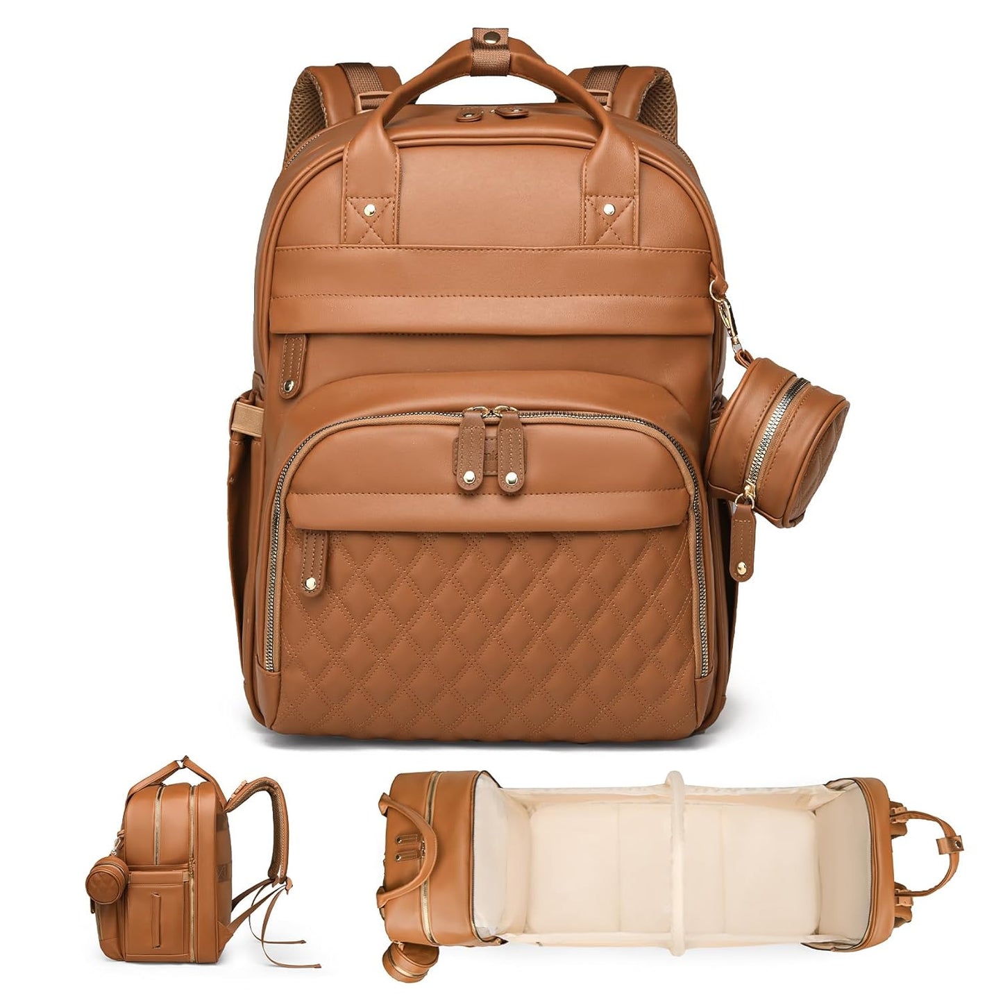 Leather Baby Diaper Bag with Changing Station,Extra large Capacity Baby Diaper Bag Backpack(Brown)