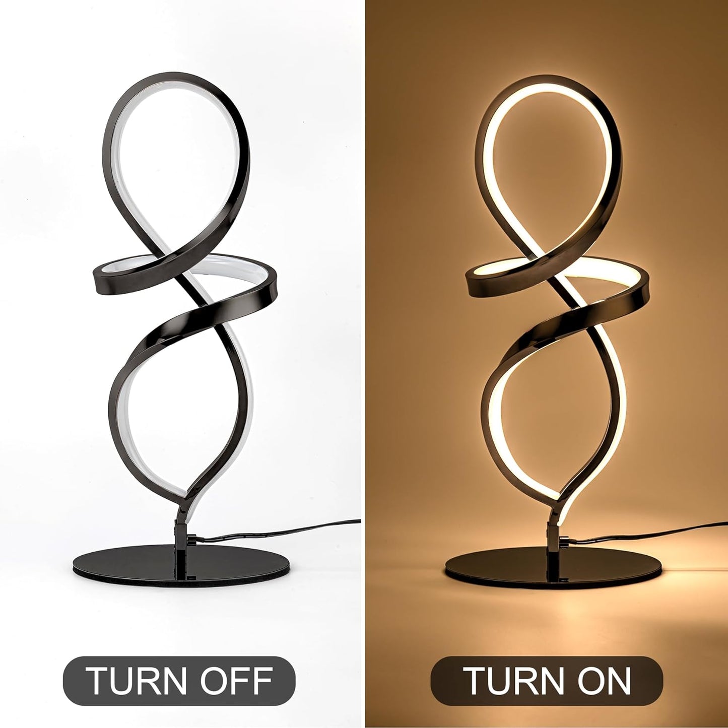 Mayful Modern Lamp with LED Spiral Design, Bedside Lamp with Stepless Dimming Switch, Contemporary Nightstand & Black Table Lamp for Bedroom, Living Room, Home Office, 12W 3200K Warm White,2 Pack