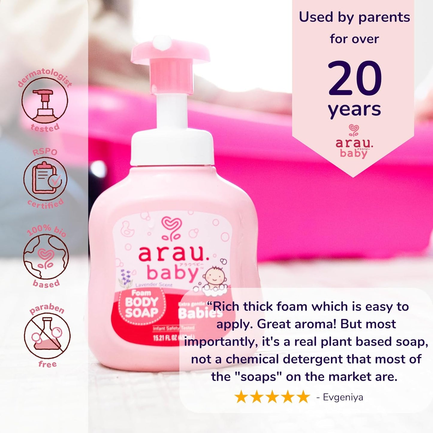 Arau Baby Foam Body Soap Lavender Scent, Natural Plant Based Baby Wash, No Artificial Fragrance or Additives, Gentle for Baby’s Sensitive Skin, Nourishing and Easy Rinse, 15.21 Fl Oz, 3 Pack