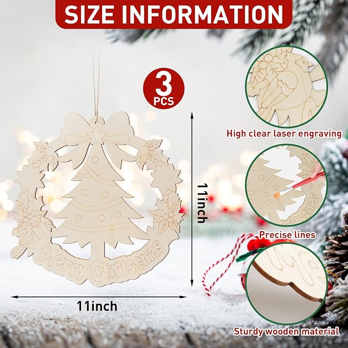 Paintable Christmas Ornaments 3 Sets, Wooden Ornaments to Paint, Unifished