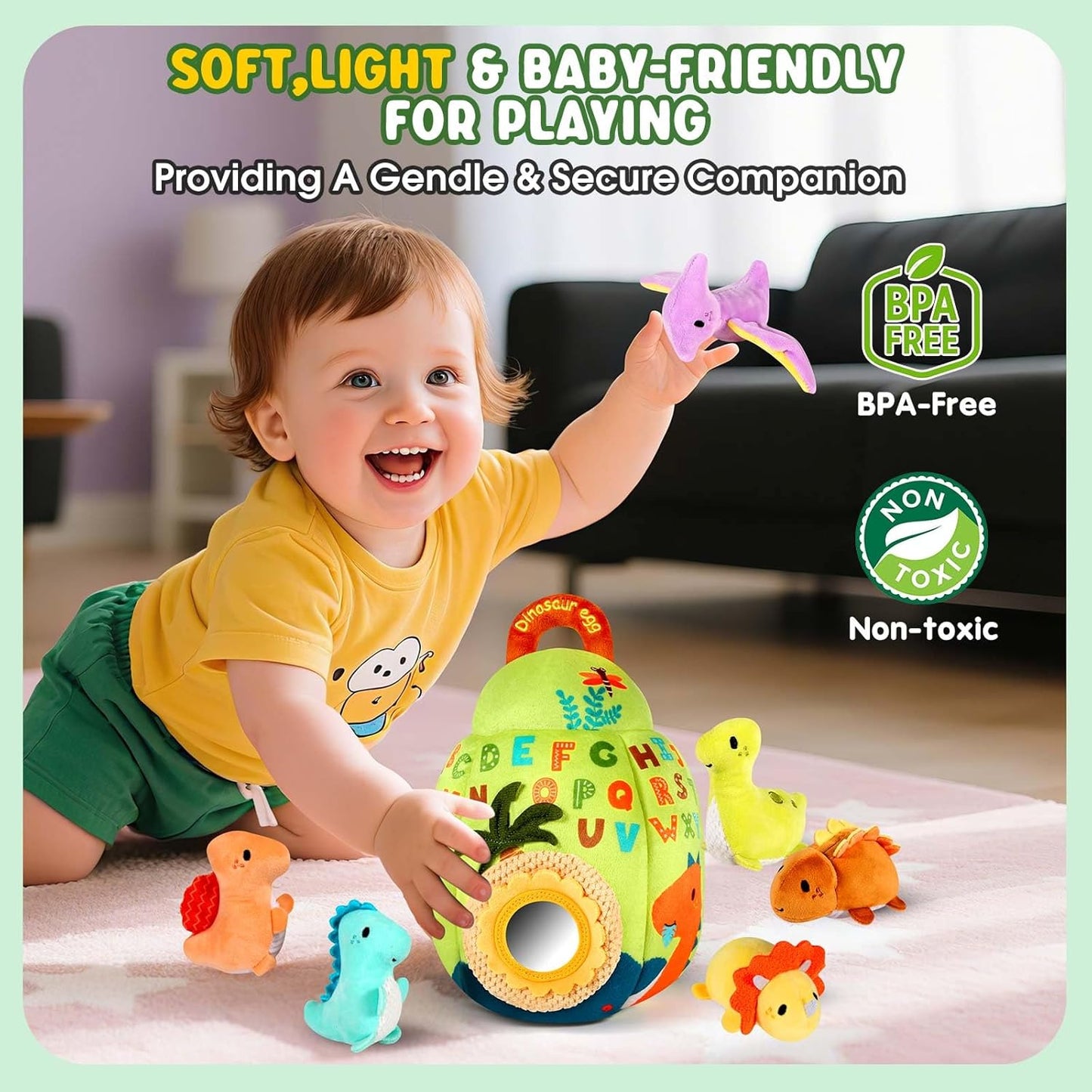 FREYBLI Baby Toys 6-12 Months - Soft Dinosaur Toy with Rattle, Crinkle Paper, Squeaker, Mirror - Baby Sensory Montessori Toys for 6 Month Old Developmental, 1 Year Old Boy Girl Gifts Toys
