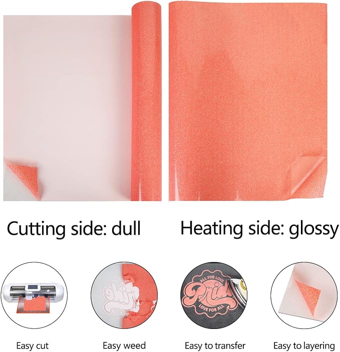 guangyintong Glow Glitter Orange Red Heat Transfer Vinyl HTV Rolls, Glitter HTV