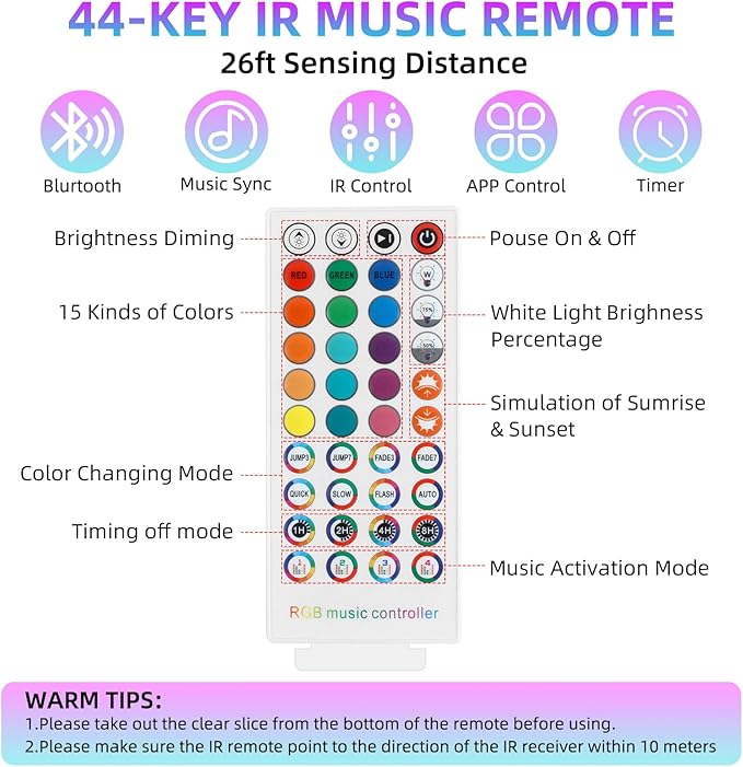 RGBZONE Bluetooth RGB LED Controller, 4-PIN Smart Music LED Strip Lights Controller, 40-Keys IR Remote Control for 5V/12V/24V SMD 5050 3528 RGB LED Strip Lights