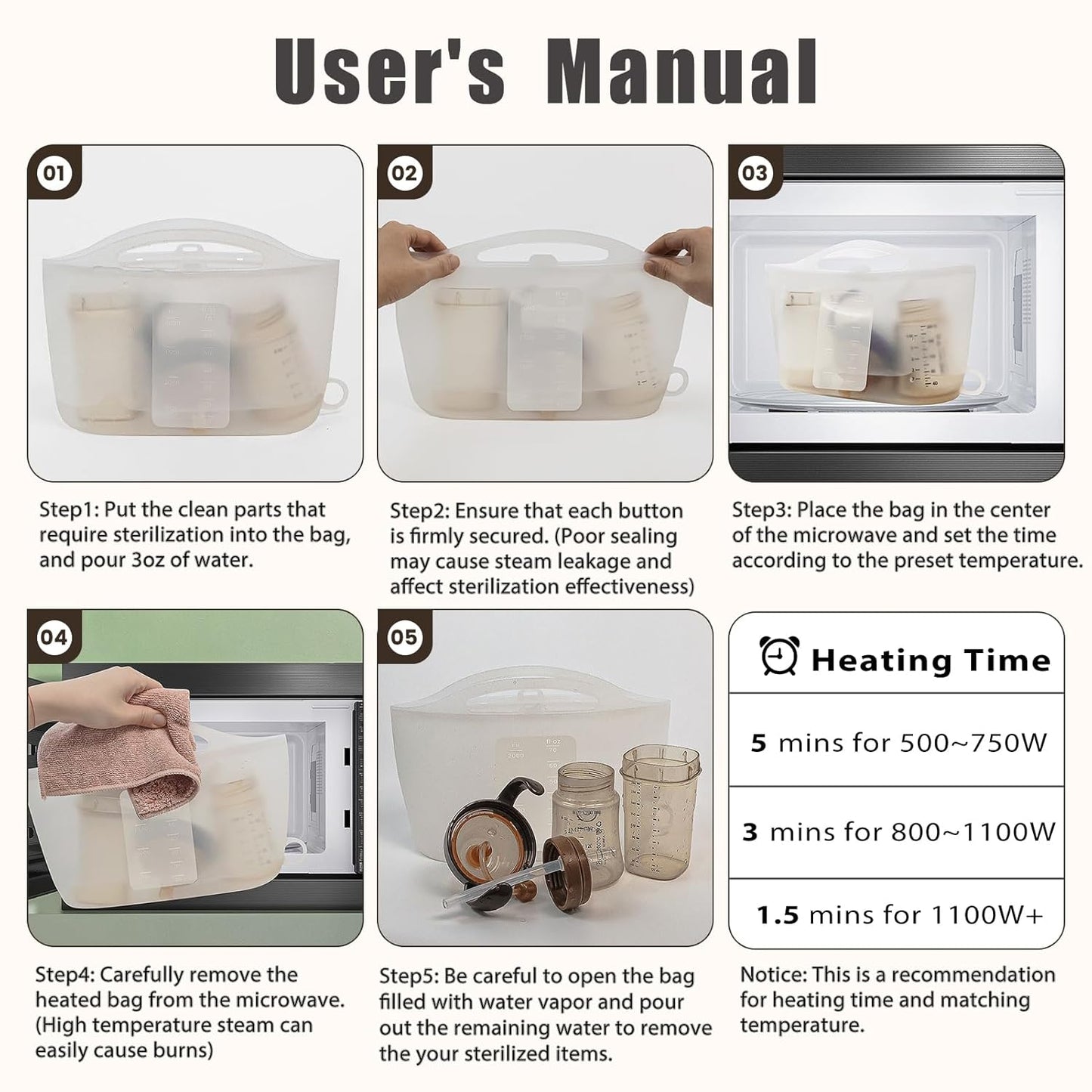 Silicone Microwave Steam Sterilizer Bag for Baby Reusable Quick Sterilizing Bag for Bottles Breast Pump Parts Toddler Accessories Great for Travel - 2000ml Grey