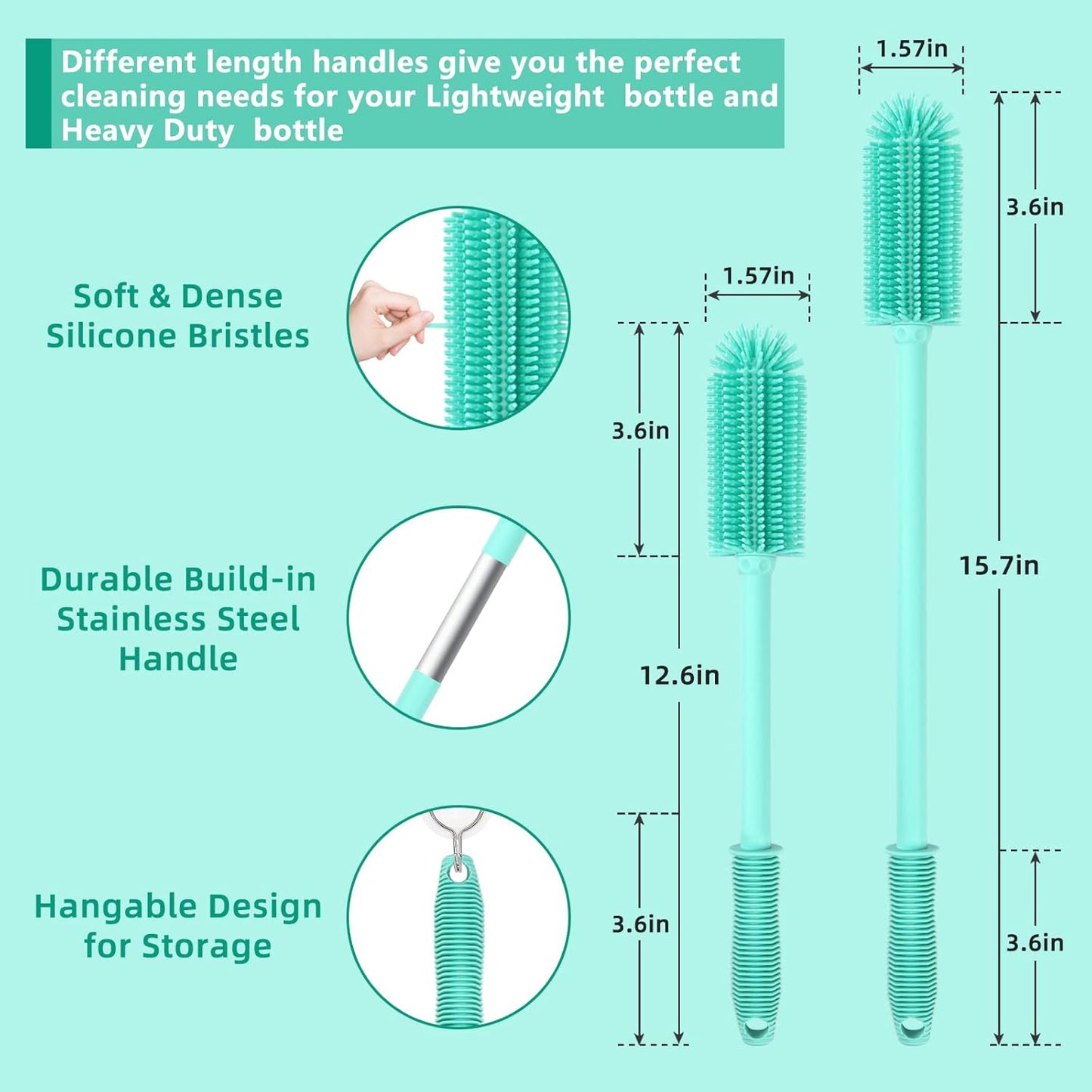 Silicone Bottle Cleaning Brush | 2 Pack| 15.7”+12.6” Water Bottle Brush Cleaner Brush for Hydro Flask,Glassware,Vacuum Sports Bottle&Vases,Water Bottle Cleaner Brush for Narrow Neck Containers