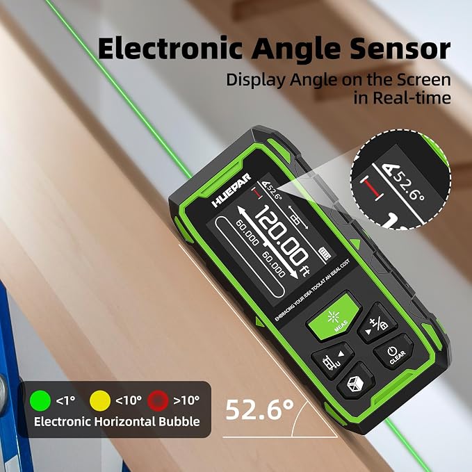 Huepar Dual Laser Measuring Tool, 656Ft Green-Beam Bilateral Digital Laser