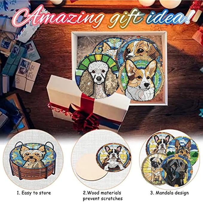 8 Pack Diamond Art Coasters, Dog Animal Diamond Painting Coasters Kits | Dog