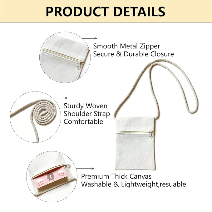 6Pcs 13x17cm Blank Canvas Crossbody Bag, Bulk Mini Zipper Shoulder Bags