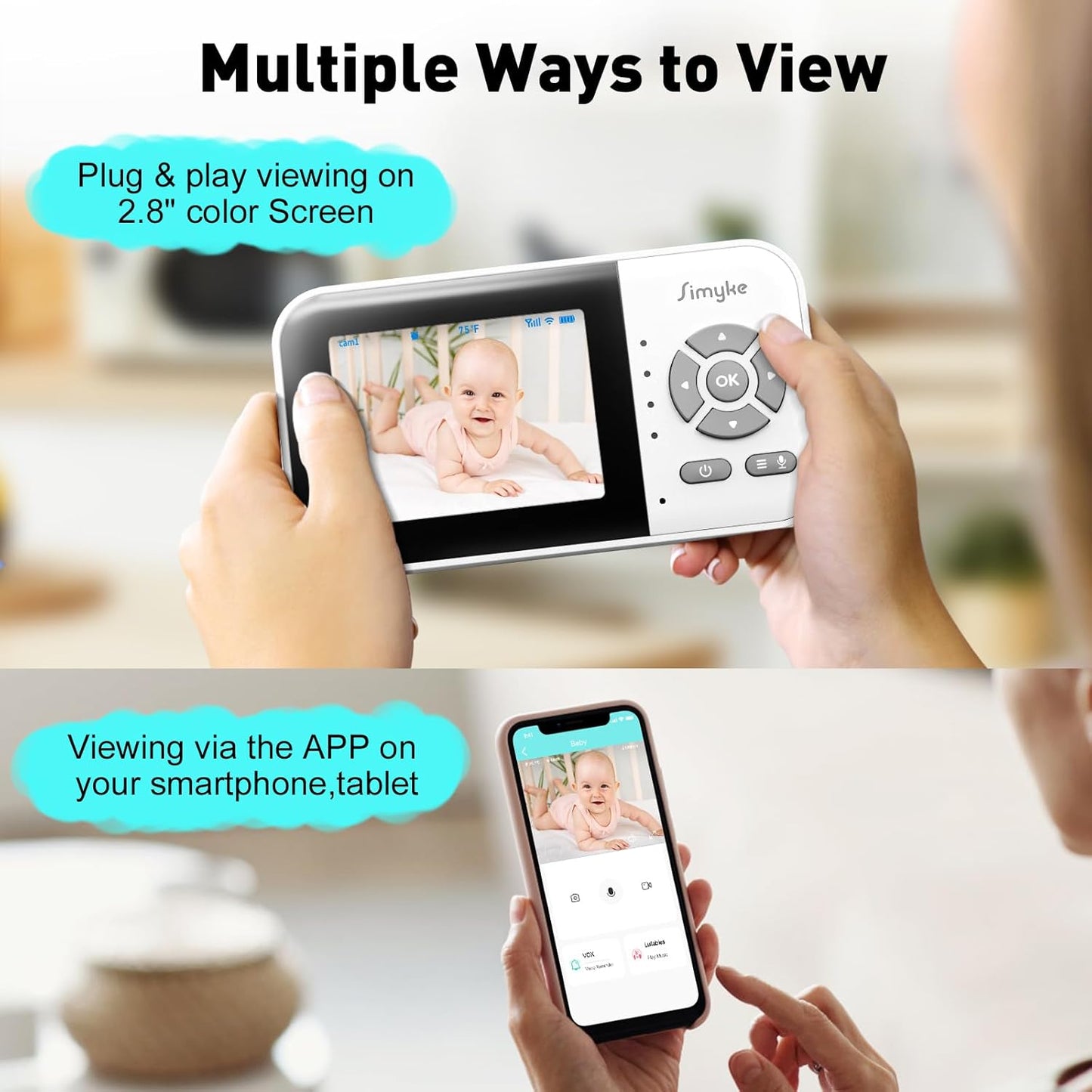 Upgrade Video Baby Monitor,WiFi Baby Camera,2.8" Display and App Control,1200ft Long Range,2 Way Talk,Auto Night Vision,Sound Alert,VOX,Temperature Sensor 5 Lullabies Feeding Remind,Home Use