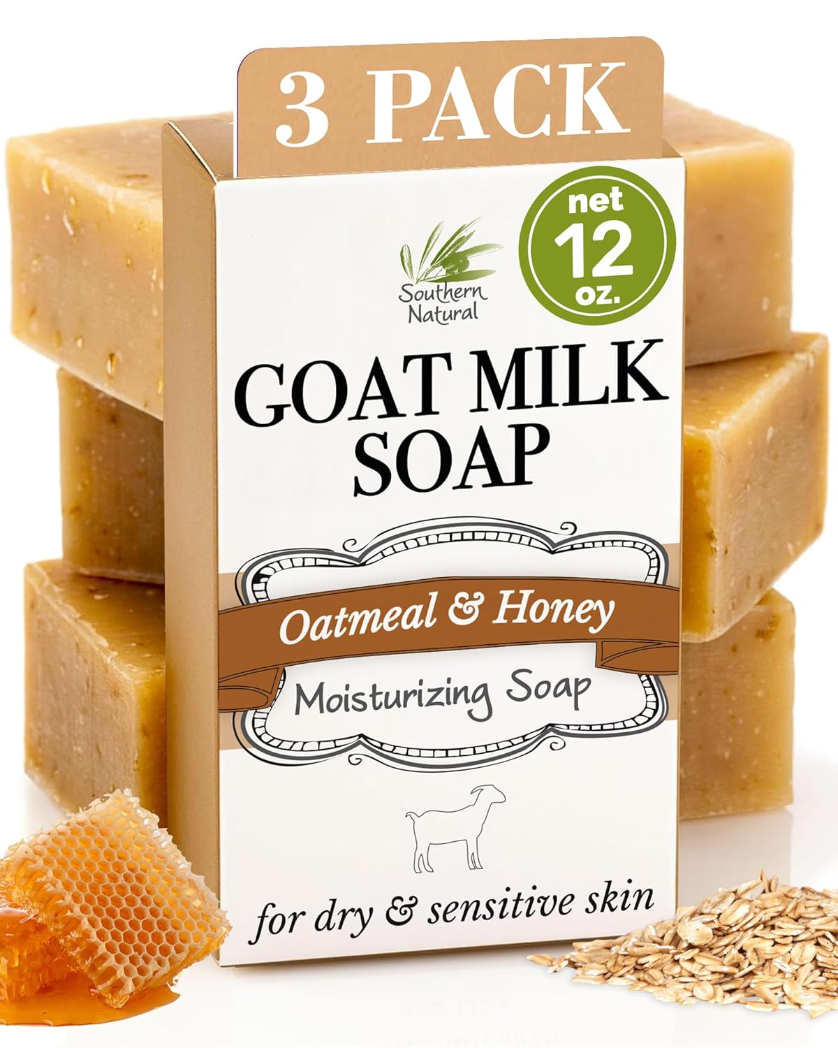 Southern Natural Oatmeal Soap Bar (3 Pack) Unscented Goat Milk Soap Bars With Colloidal Oatmeal & Honey. For Dry, Sensitive Skin. Fragrance Free Cleanser