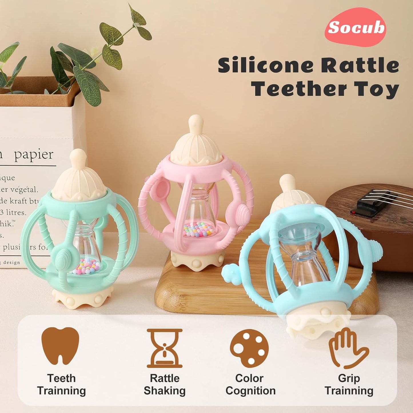 Socub Baby Rattle Teether Toys for 0-12 Months, 2-in-1 Sensory Hand Grasp Shaker with Soft Silicone Teething Ball & Pacifier, BPA Free Chew Toy for 6-12 Months, Newborn Gift for Boys and Girls (Blue)