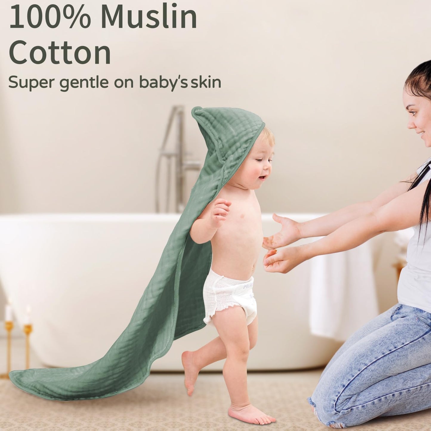 Yoofoss Hooded Baby Towels for Newborn 2 Pack 100% Muslin Organic Cotton Baby Bath Towel with Hood for Babies, Infant, Toddler and Kids, 32x32Inch, Soft and Absorbent Newborn Essential,Grey&Dark Green