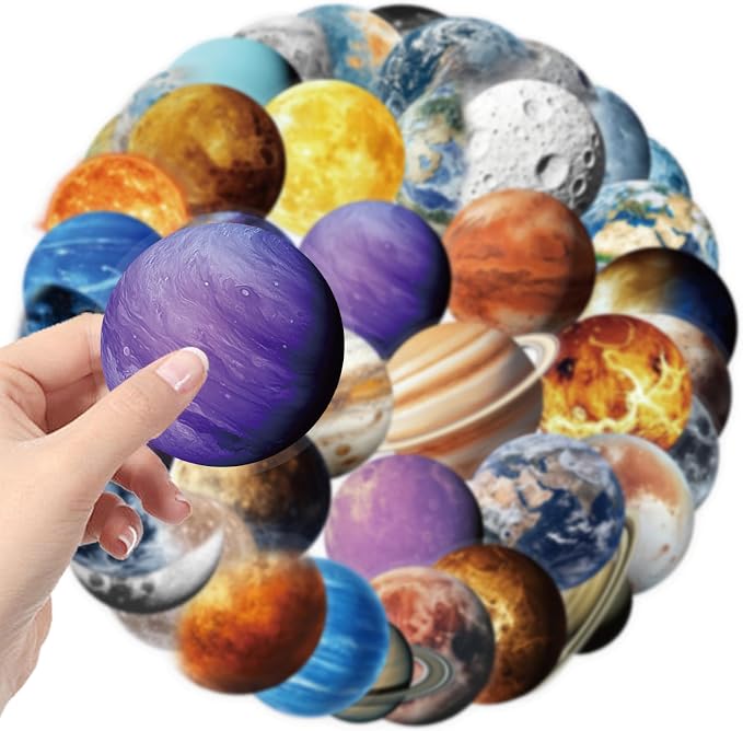 50PCS Transparent Planet Space Stickers, Waterproof PET Decals, Realistic Solar