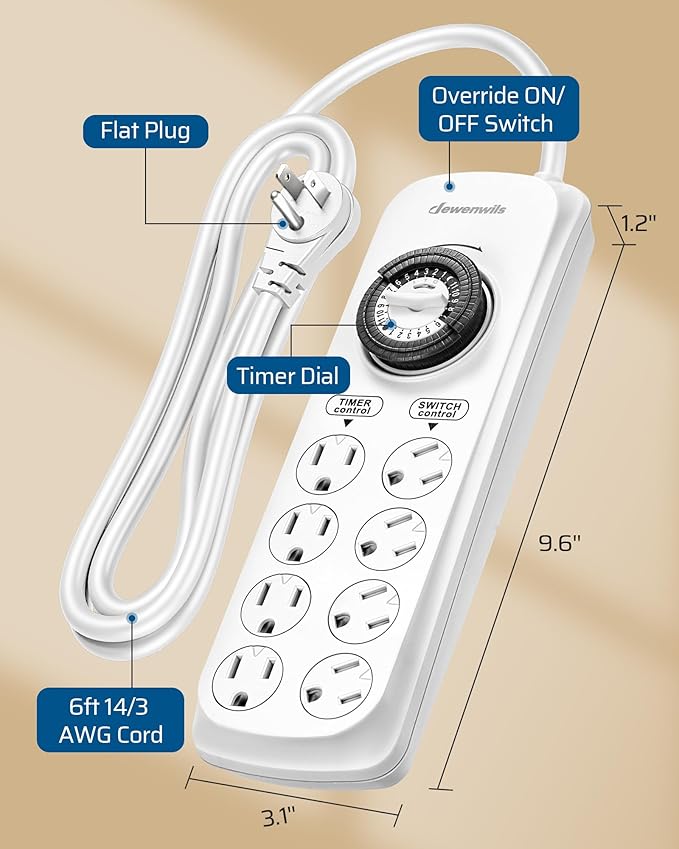 DEWENWILS Mechanical Timer Power Strip with 8 Outlets, Flat Plug, 6ft Long Cord, Overload Protection, Indoor Timer for, Bearded Dragon Tanks, Aquarium, Grow Lights, Plants, Reptile Light, UL Listed