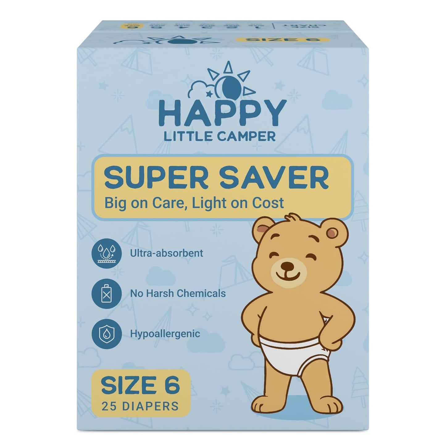 Happy Little Camper Super Saver Diapers, Size 6, 25 Count | Budget-Friendly Disposable Baby Diapers for Sensitive Skin | Hypoallergenic, Fragrance-Free, Ultra Absorbent
