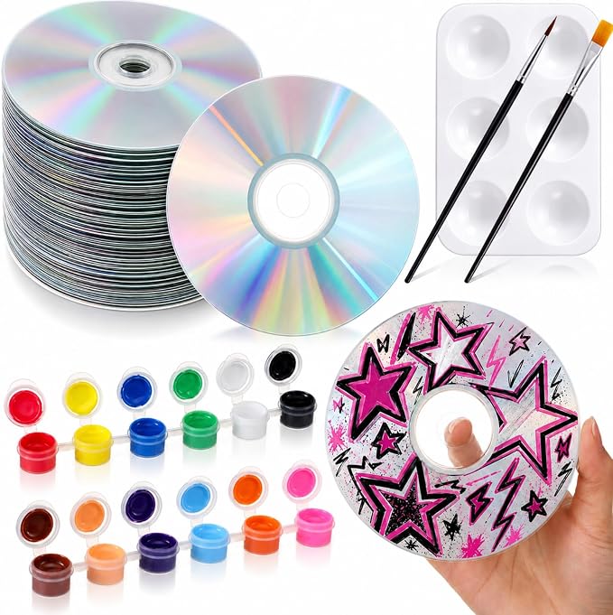 Sabary 29 Pcs DIY CD Painting Kit Painting Gift Includ 24 Pcs 4.72'' Blank Cds