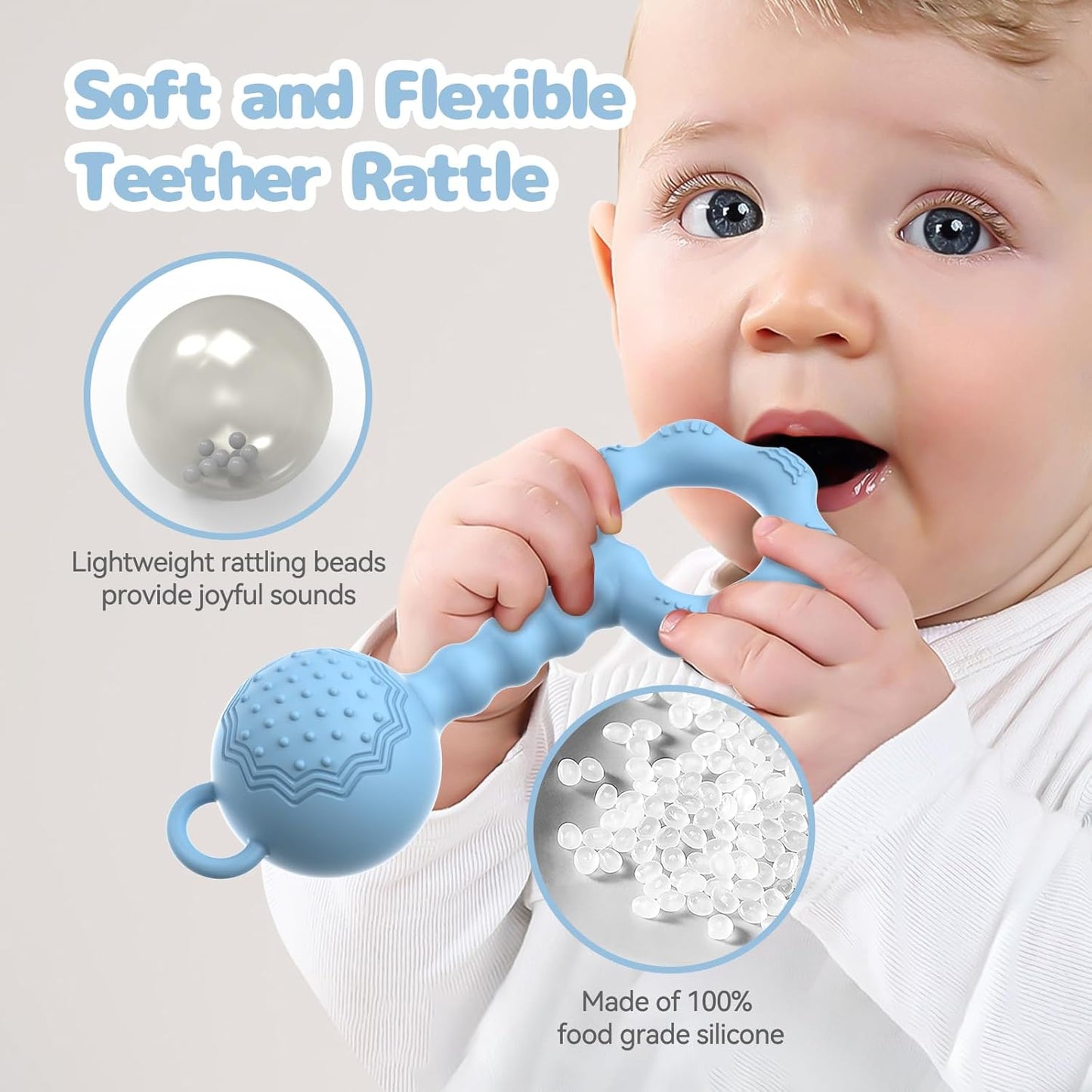 Teethers for Babies 6-12 Months, Rattles for Babies 0-6 Months, 2-in-1 Rattle and Teether Toy for Soothing Sore Gums and Keeps Little Ones Entertained, Food Grade Silicone, Blue