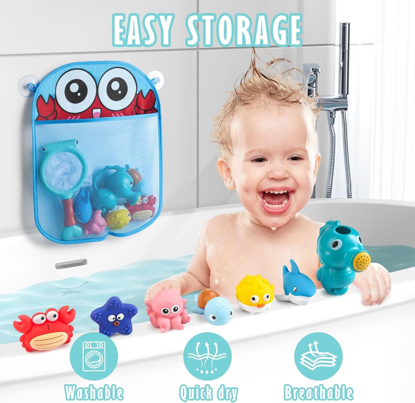 Mold Free Bath Toys for Toddlers No Hole Baby Bathtub Toys with Sea Animals, Seahorse Watering Can, Fishing Net & Storage Bag, Floating Pool Toys for Boys and Girls