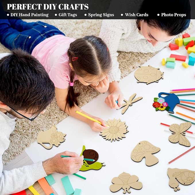 Subacy 80 PCS Unfinished Wood Cutouts 8 Styles DIY Wooden Spring Ornaments
