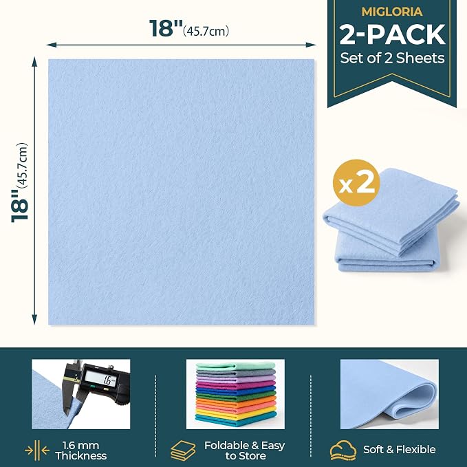 Felt Fabric Sheet 18 x 18 Inch, 1.6mm Thick | Soft and Flexible Nonwoven