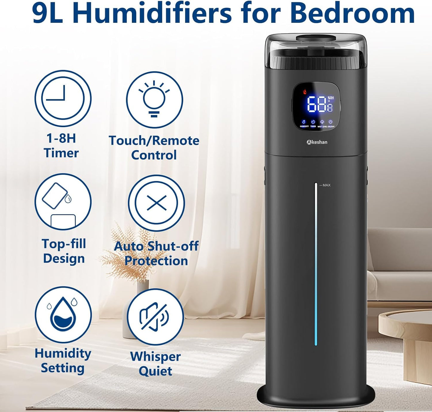 Large Humidifiers for Bedroom, 9L/2.5Gal Ultrasonic Cool Mist, Easy Clean Humidifier with 350ML/H Large Mist Speed, Quiet, Suitable for Kids Room Plant Yoga (Square W)