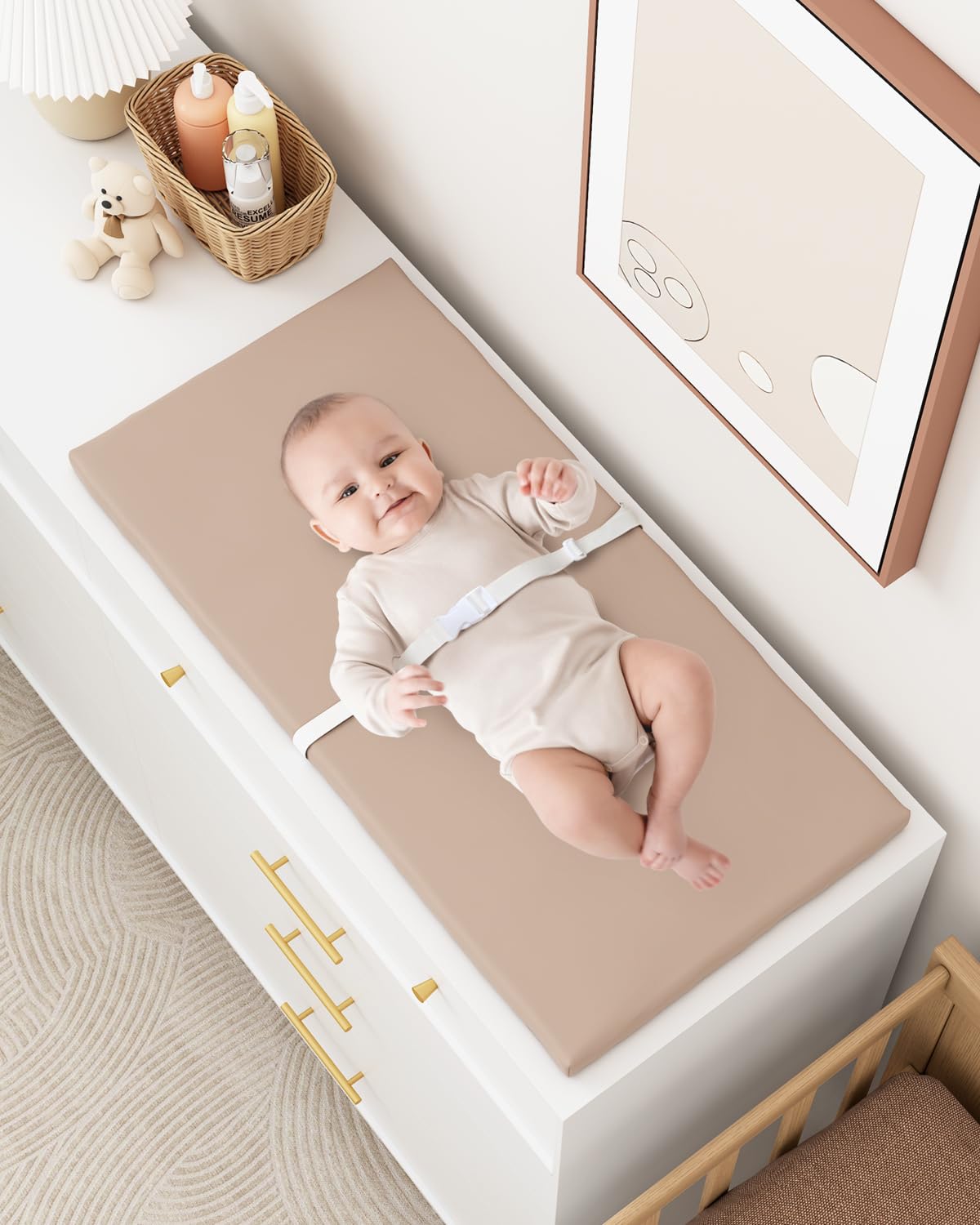 Wipeable Baby Changing Pad for Dresser and Table, Cozy Diaper Changing Pad with Waterproof & Wipe-Clean Leather Cover, Standard Size (31.5" L x 15.8" W), Light Brown