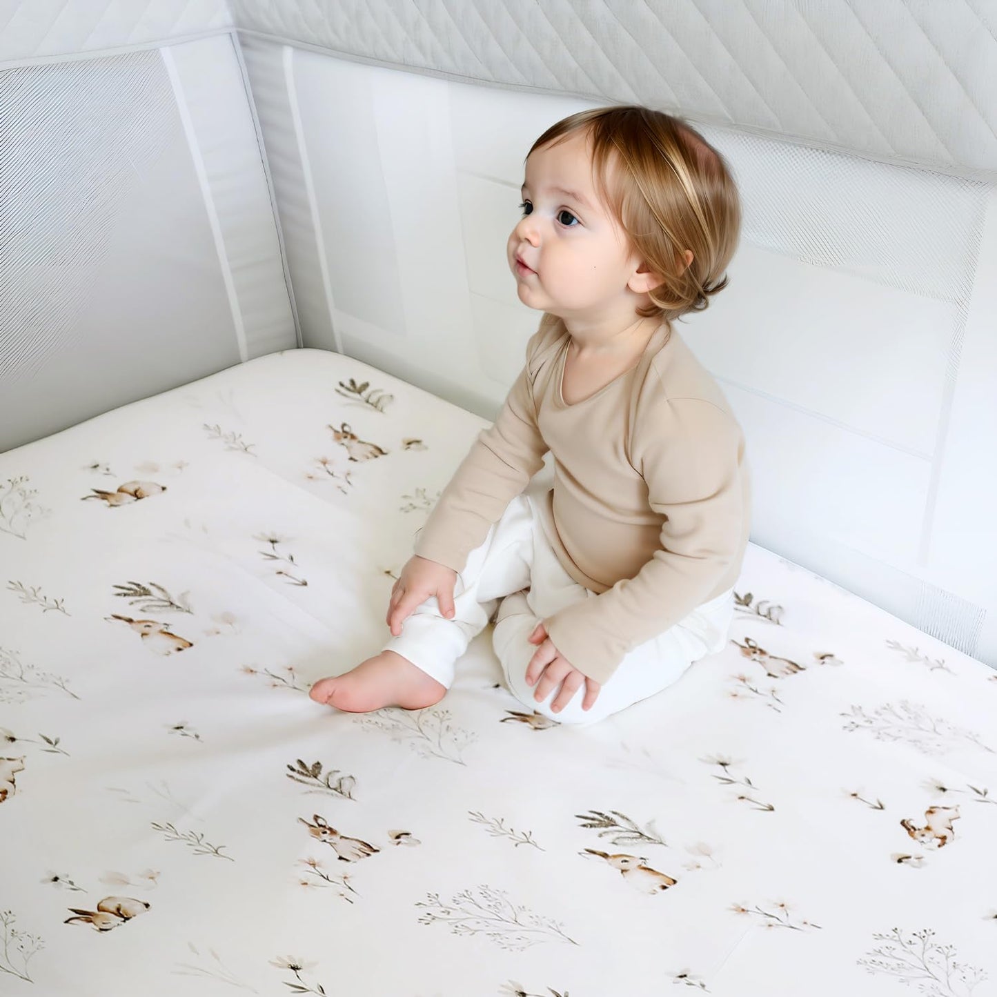 GRSSDER Stretch Ultra Soft Jersey Knit Fitted Pack n Play Sheets Set 2 Pack, Portable/Mini Crib Sheets for Boys and Girls, Stylish Watercolor Rabbit Pattern