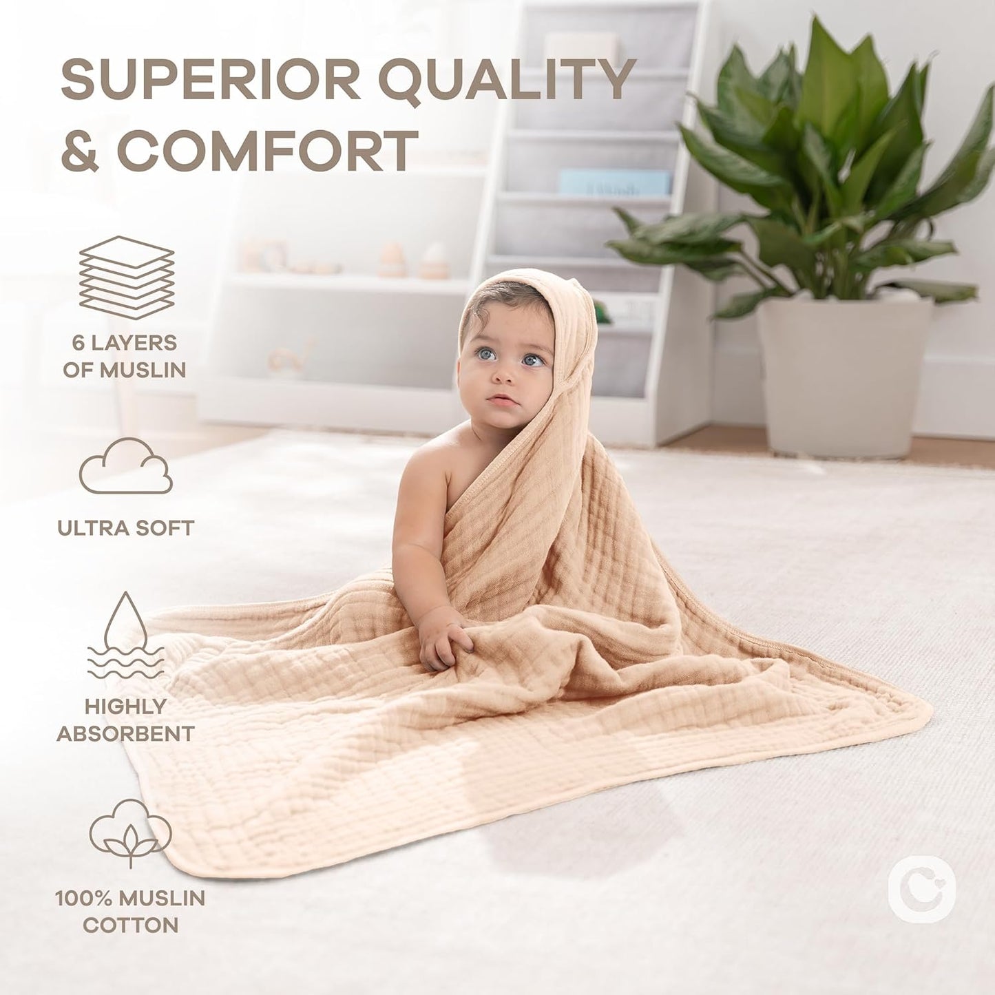 Comfy Cubs Hooded Baby Towel 1-Pack, Large 32 x 32 Inch - 6 Layer 100% Muslin Cotton for Babies, Toddlers and Kids - Soft & Absorbent Baby Bath Towels - Unisex Design for Bath Time - Cream
