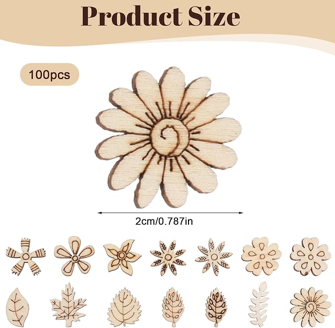 100 Pcs Wooden Flowers for Crafts, Unfinished Wooden Flowers | Wood Craft