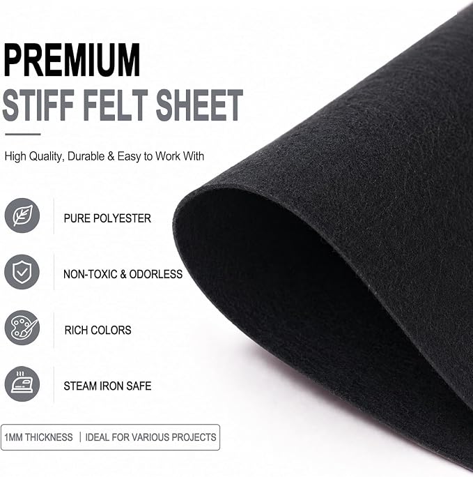 Black Large Felt Fabric 36" x 36", 1mm Stiff Felt Sheet, Nonwoven Fabric