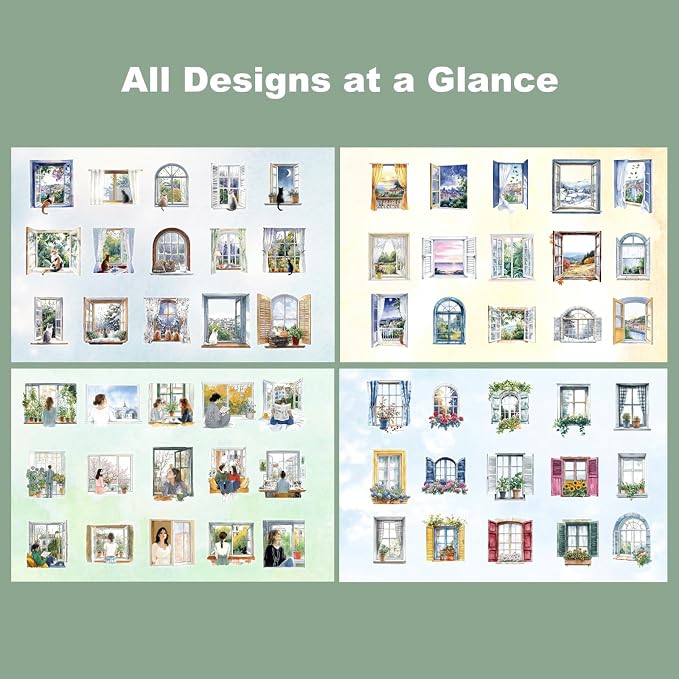 120PCS Watercolor Window PET Stickers – Scenic Views of Cats, Flowers & Cozy