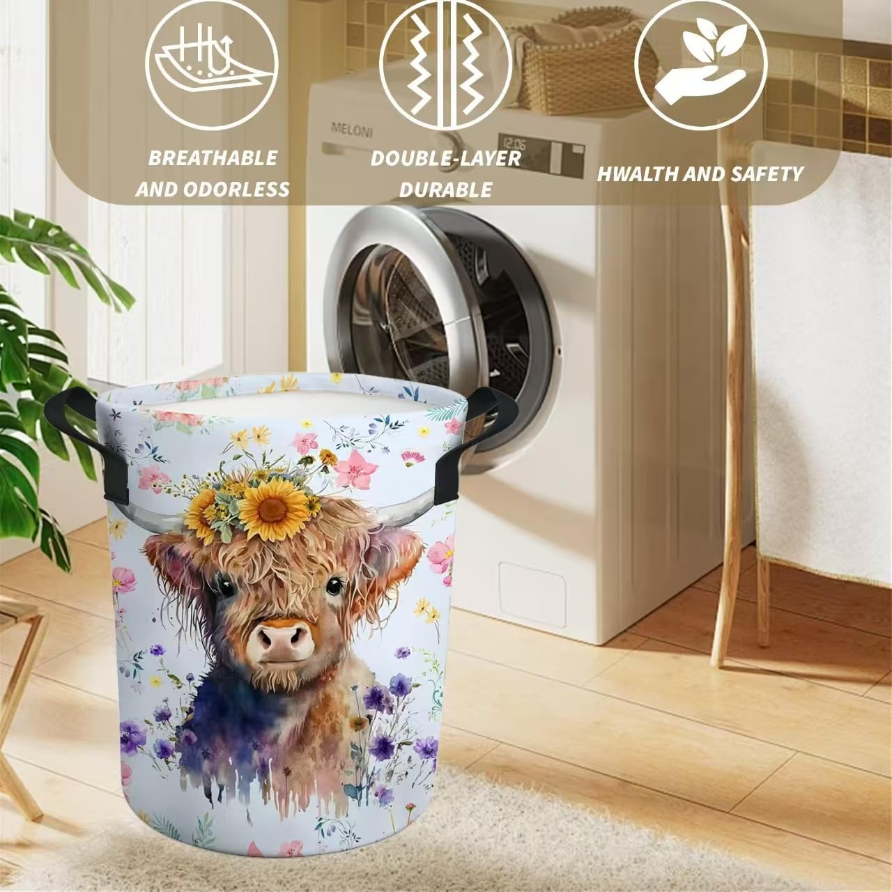 Highland Cow Laundry Basket Gifts for Girls, Girls' Room Decor Baby Nursery Hamper Highland Cow Room Decor 17.7x13.7 Inch