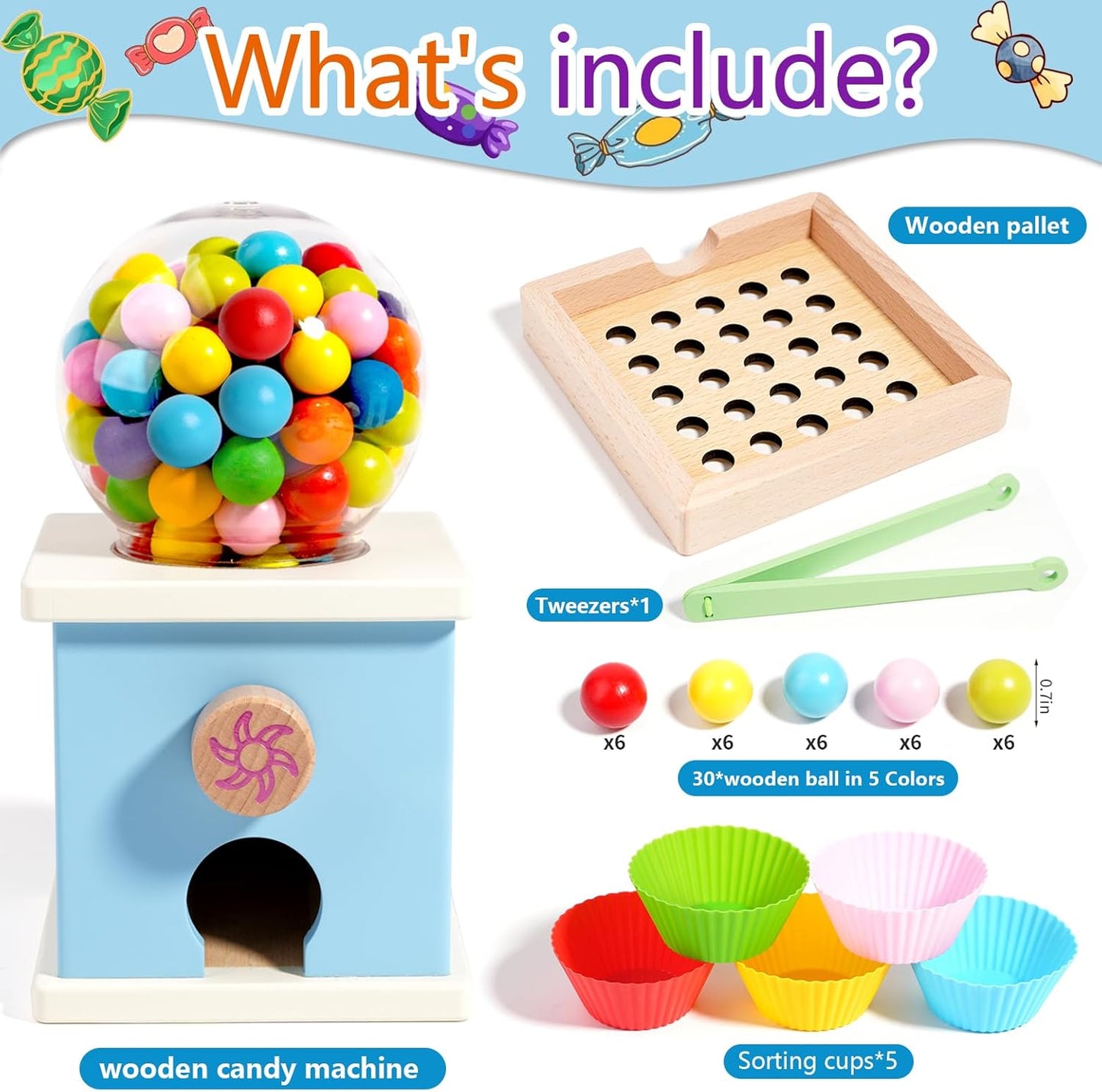 9.6" Wooden Gumball Machine Counting Montessori Toys for 3 4 5 Years Old Boys Girls, Toddler Preschool Learning Activities Toy for Kids Ages 4-8, Birthday Gifts Sensory Toys