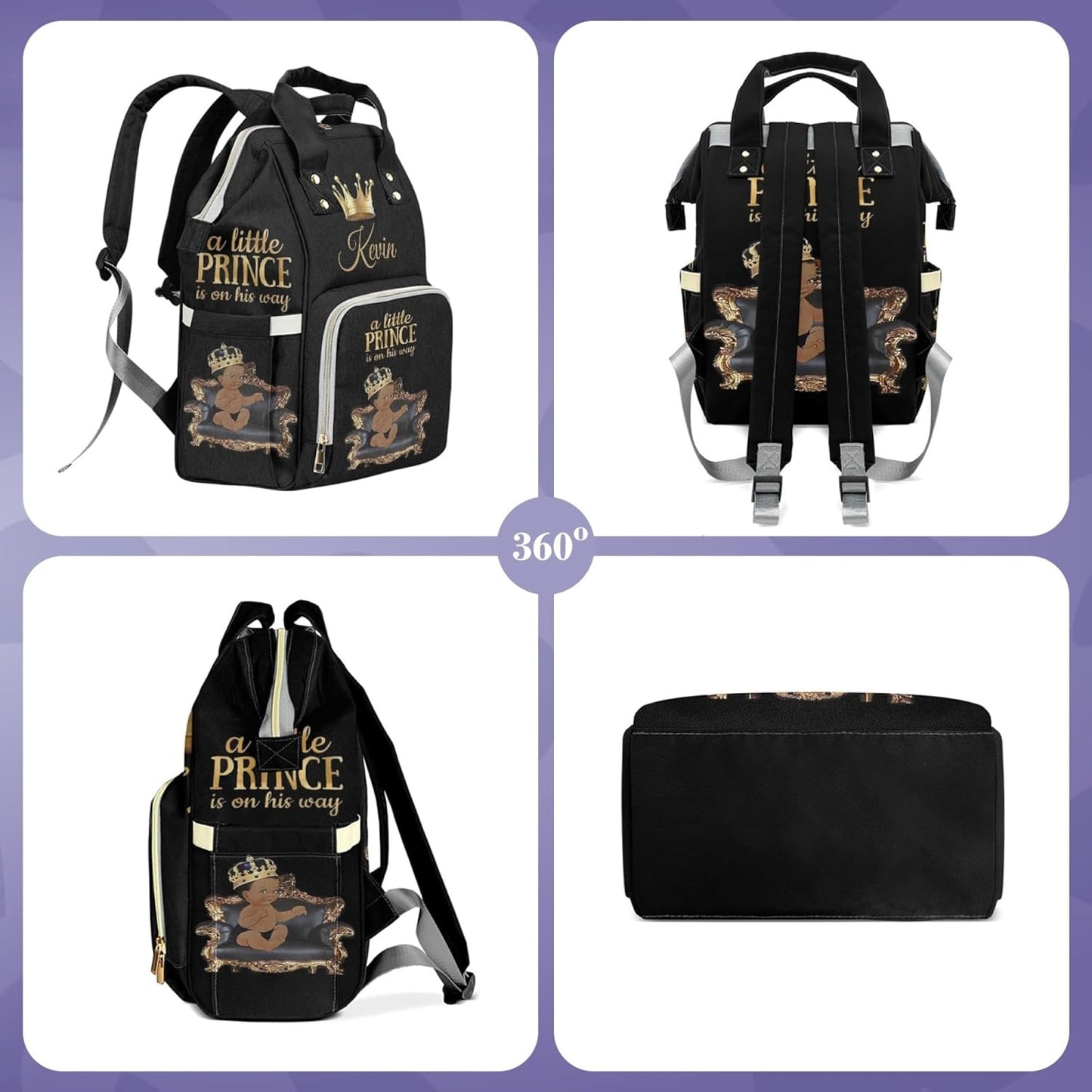 Personalized Diaper Bag for Boys, Black Crown Custom Diaper Bag with Thermal Pockets Multifunctional Nursing Baby Bags Large Capacity Nappy Bag Travel Nappy Backpack for Baby Boys