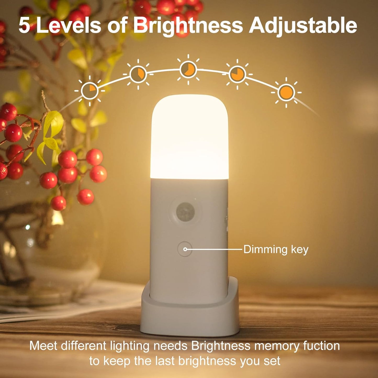 YELKO Motion Sensor Night Light, 2000mAh Rechargeable Night Lights Battery Powered, Portable Dimmable Nightlights with 5 Brightness Levels for Kids,Adults(Cool White 2Pack)