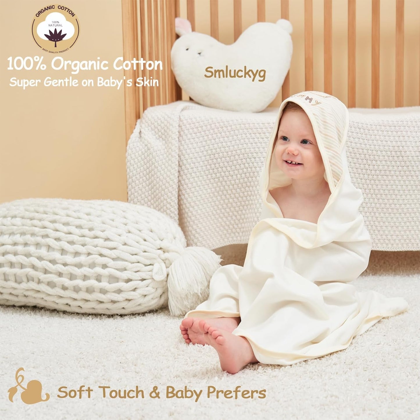 6-Pack Baby Hooded Towel and 5 Washcloths Set, Premium Ultra Soft Reusable 100% Organic Cotton Baby BathTowel, Baby Blanket for Newborns, Infants, Toddlers, Stripes, 30 x 30 Inch
