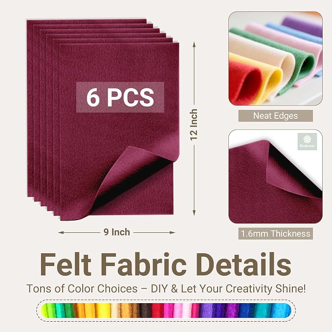 Wine Red Soft Felt Sheets for Crafts, 1.6mm Thick, Kids' Crafts, DIY Projects