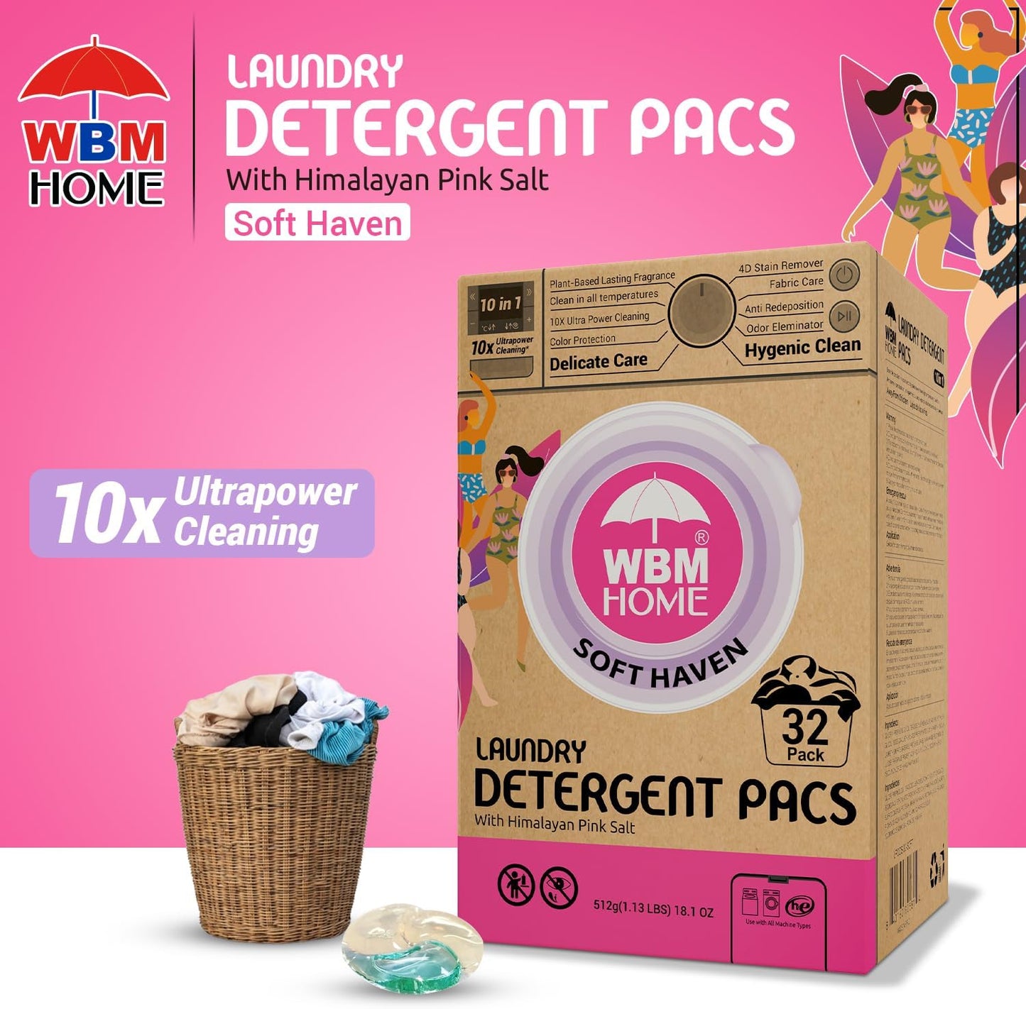 WBM Home Laundry Pods, Total 128 Count | Specially Designed for Undergarments With Soft Heaven Fragrance | Laundry Detergent Pods Formulated With Plant-Based Formula and Gentle Stain Remover