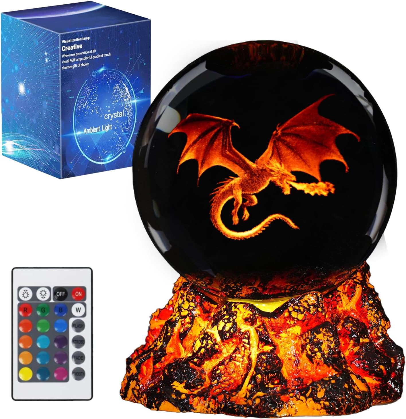Dragon Night Light, 3.15 Inch (80mm) K9 Crystal Upgraded Volcanic Lava Base 3D Lamp with Remote 16 Color for Birthday Xmas Cool Figurines Dragon Gifts for Room Decor Boys Girls