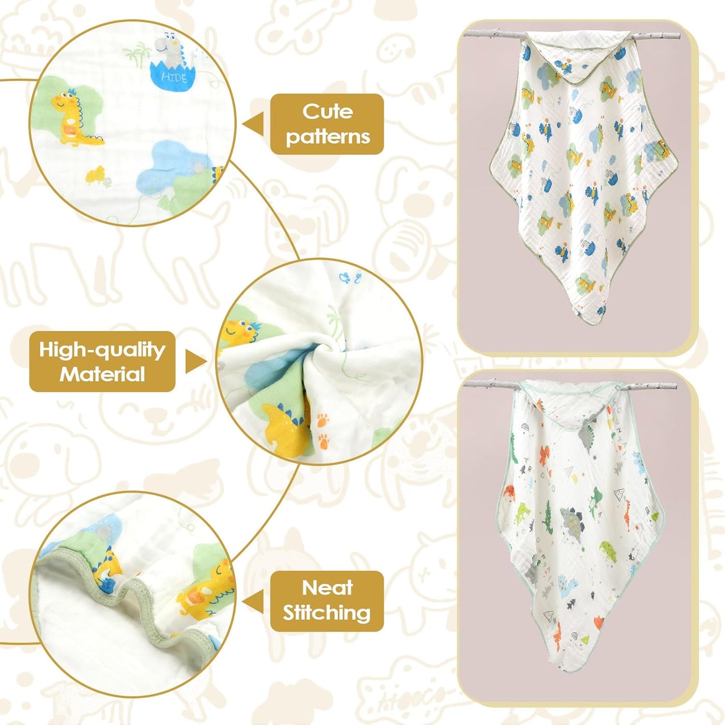Baby Bath Towels 100% Muslin Cotton Hooded Baby Towels 2 Pack Shower Gifts for Newborn, Infant, Toddler, Kids,Super Soft and Absorbent, Large 35x35Inches