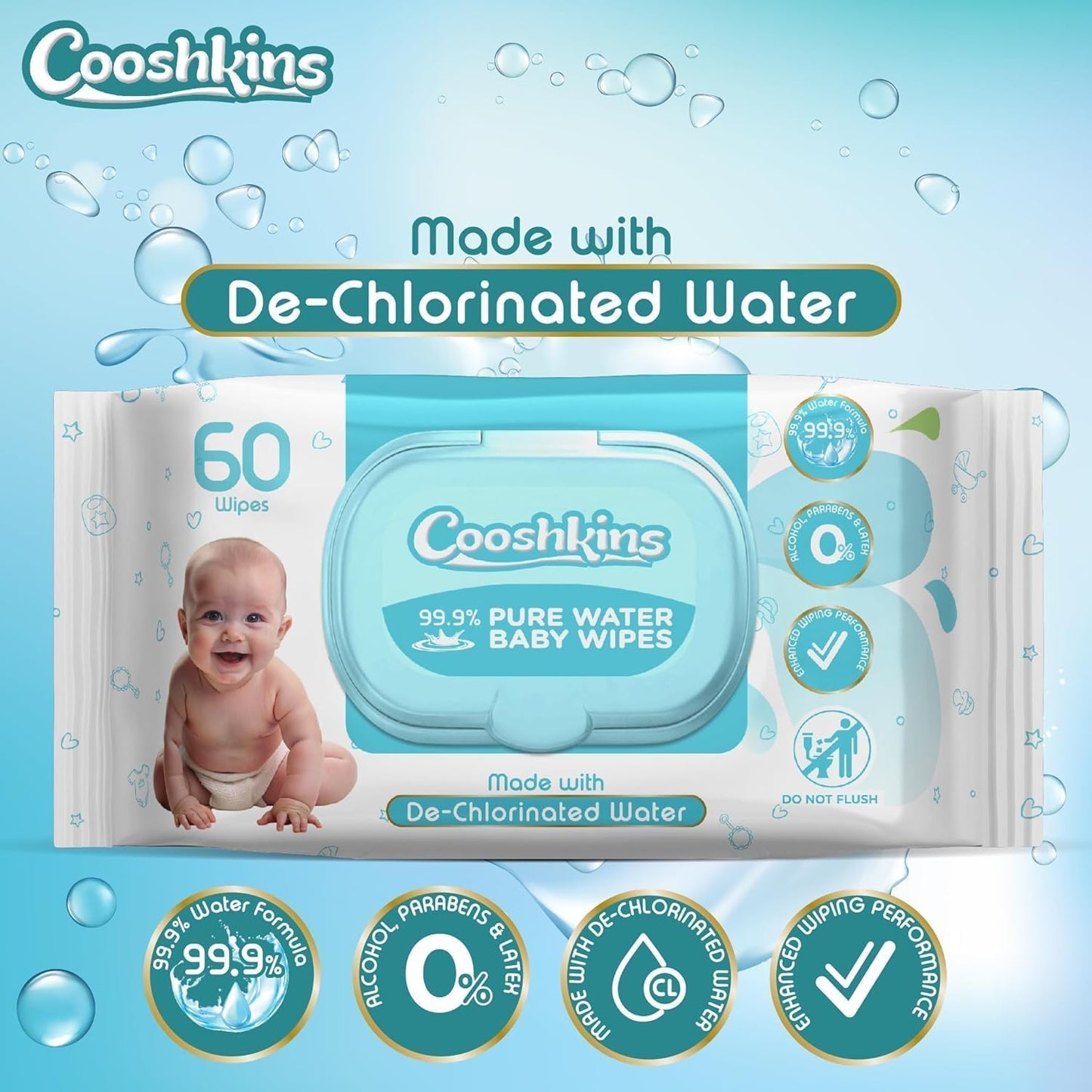 De-Chlorinated Pure Water Baby Wipes | Gentle Unscented Wipes for Sensitive Skin | 99.9% Pure Water Based | Alcohol-Free, Paraben-Free | Soft & Thick (60 Count (Pack of 3))