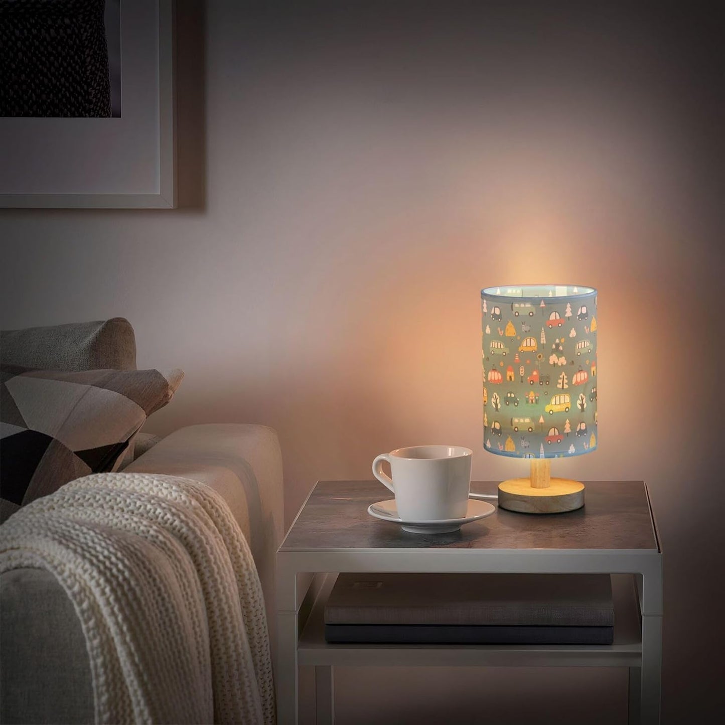 Table Lamp Cute Cars Pattern Cartoon Transportation Doodle Nightstand Lamp with Wood Base Fabric Lamp Shade Bedside Desk Lamp for Living Room Bedroom Kids Room Office