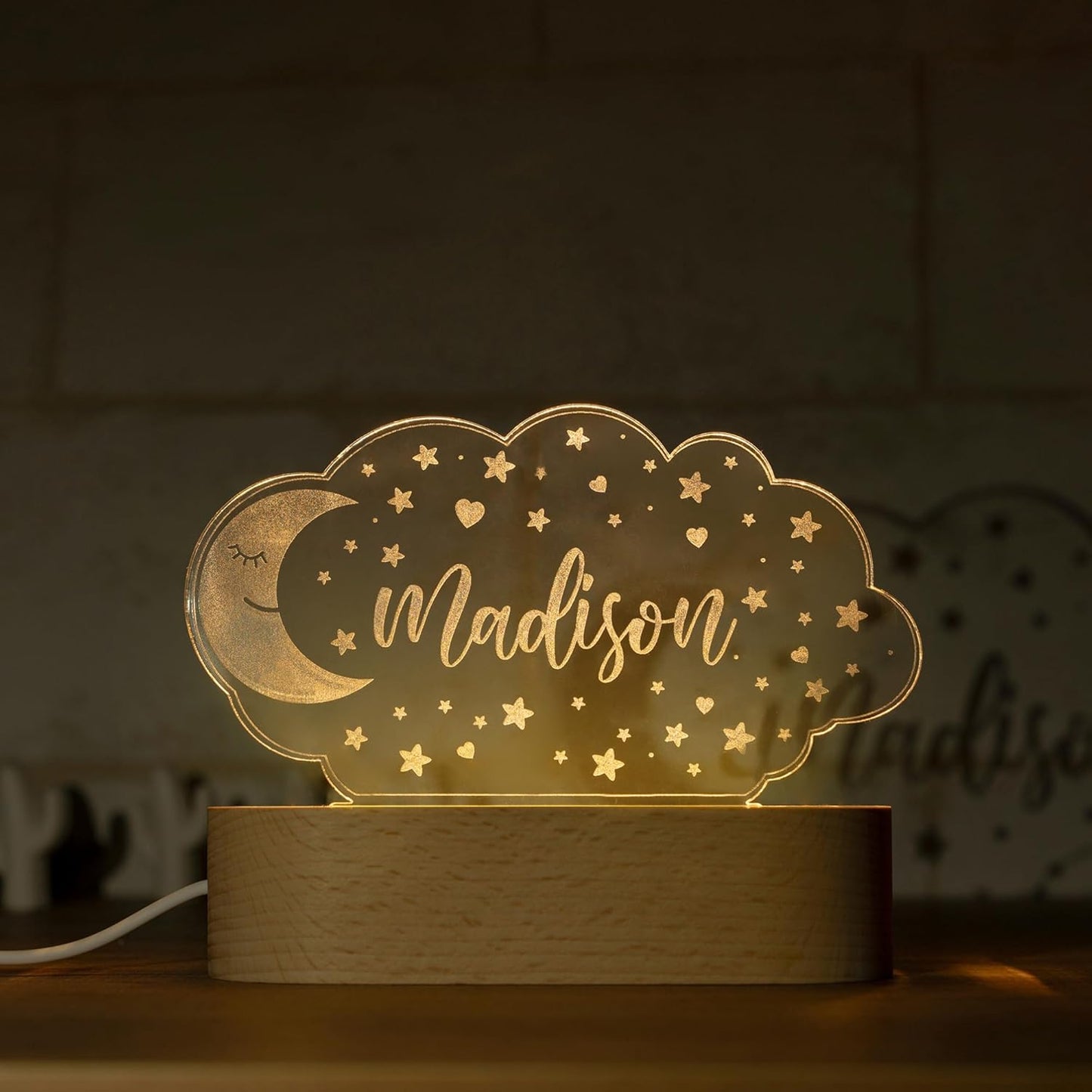Night Light for Kids Room Personalized, Nursery Room Decor, Custom W/Name, Bedside Lamp, Birthday Gifts for Boys and Girls, Moon
