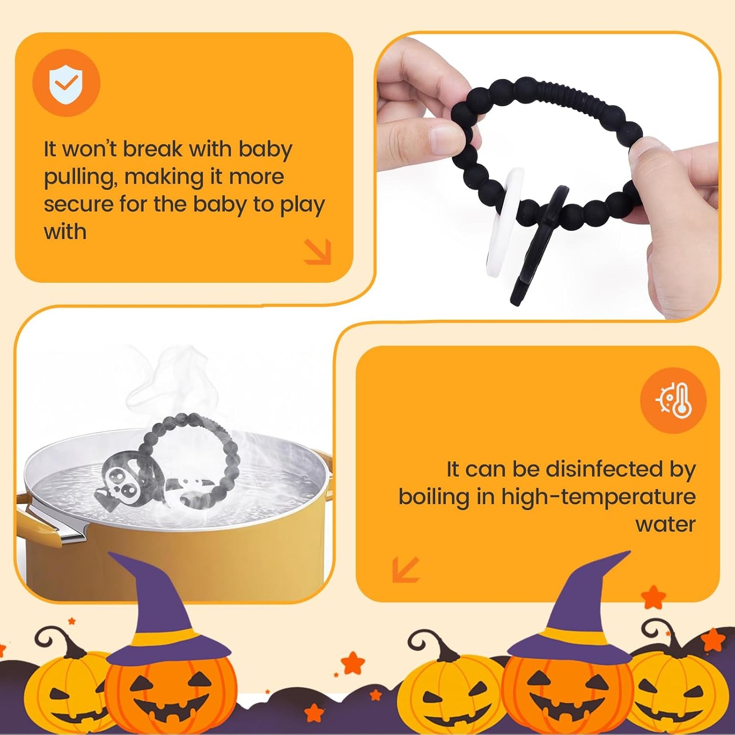 Baby Silicone Teether Ring Toy,Food Grade Silicone Chew Toys for 0-6,6-12,12-18 Months Newborns,Infants,Toddlers Teething Relief,Safe and Soft,BPA Free,Baby Essentials. (Halloween Skull)
