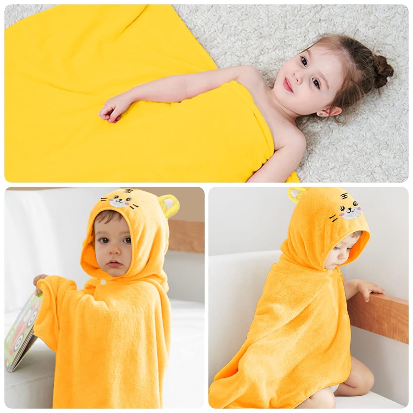 ROMASA Toddler Hooded Bath Towel Ultra Soft Towel Highly Absorbent Bathrobe Blanket for Boys Girls- 27.5" x 55" (Yellow-Tiger)